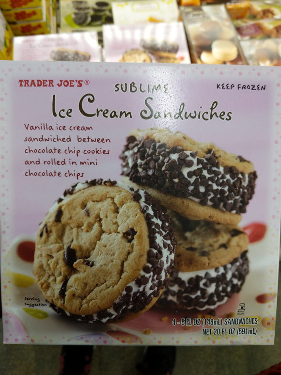 Trader Joe's Sublime Ice Cream Sandwiches (4 Count, Vanilla Ice Cream Sandwiched between Chocolate Chip cookies and Rolled in Mini Chocolate Chips)